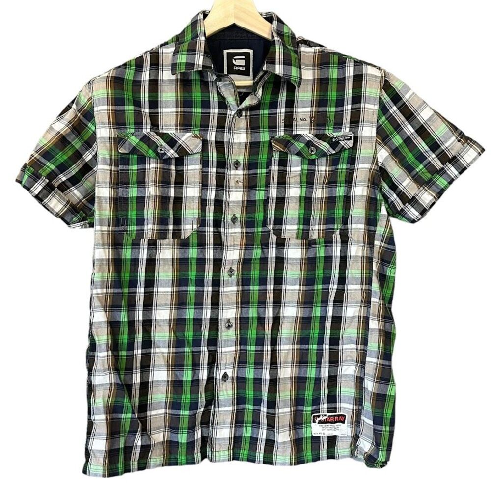G-Star Raw Green Blue Ranger Check Cargo Distressed Short Sleeve Shirt Est M